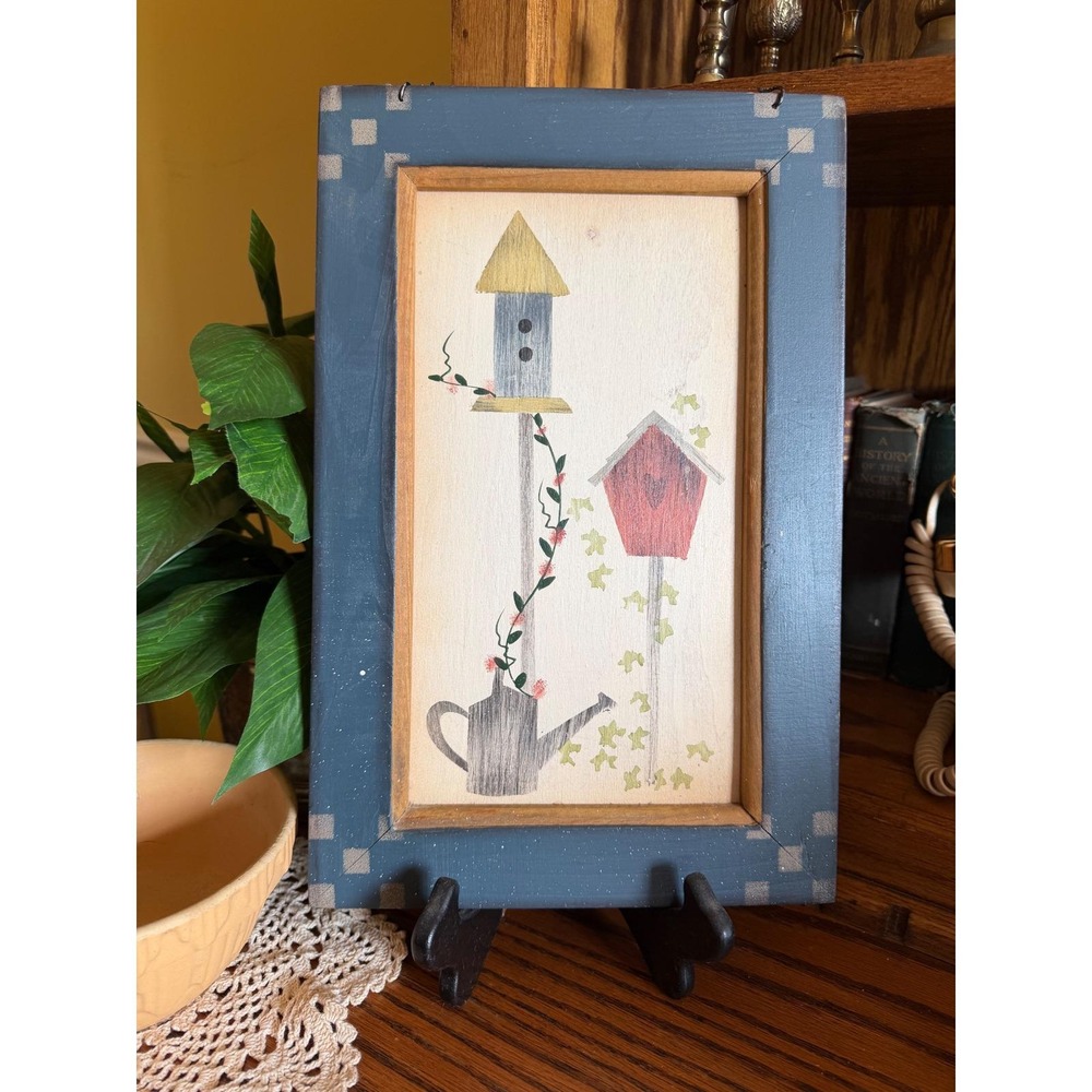 Vintage 1997 Birdhouse Folk Art Wood Framed Wall Decor 12.5x8.25
